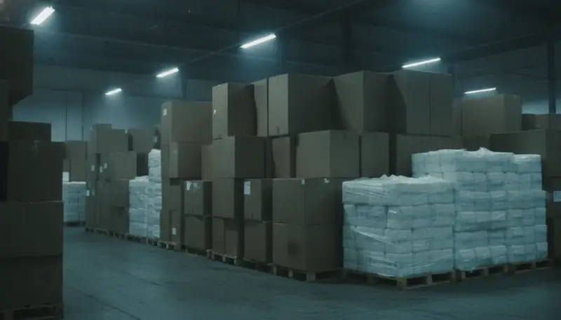 Loş bir depoda üst üste dizilmiş etiketsiz koliler ve naylona sarılı bebek bezi paketleri